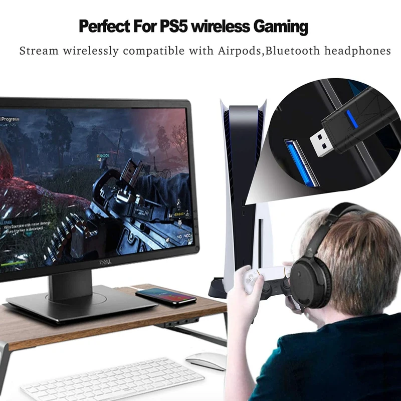 

USB Bluetooth Adapter for PS5 ,Bluetooth 5.0 Audio Receiver Transmitter Adapter Dongle for PS5/PS4/PC//Windows