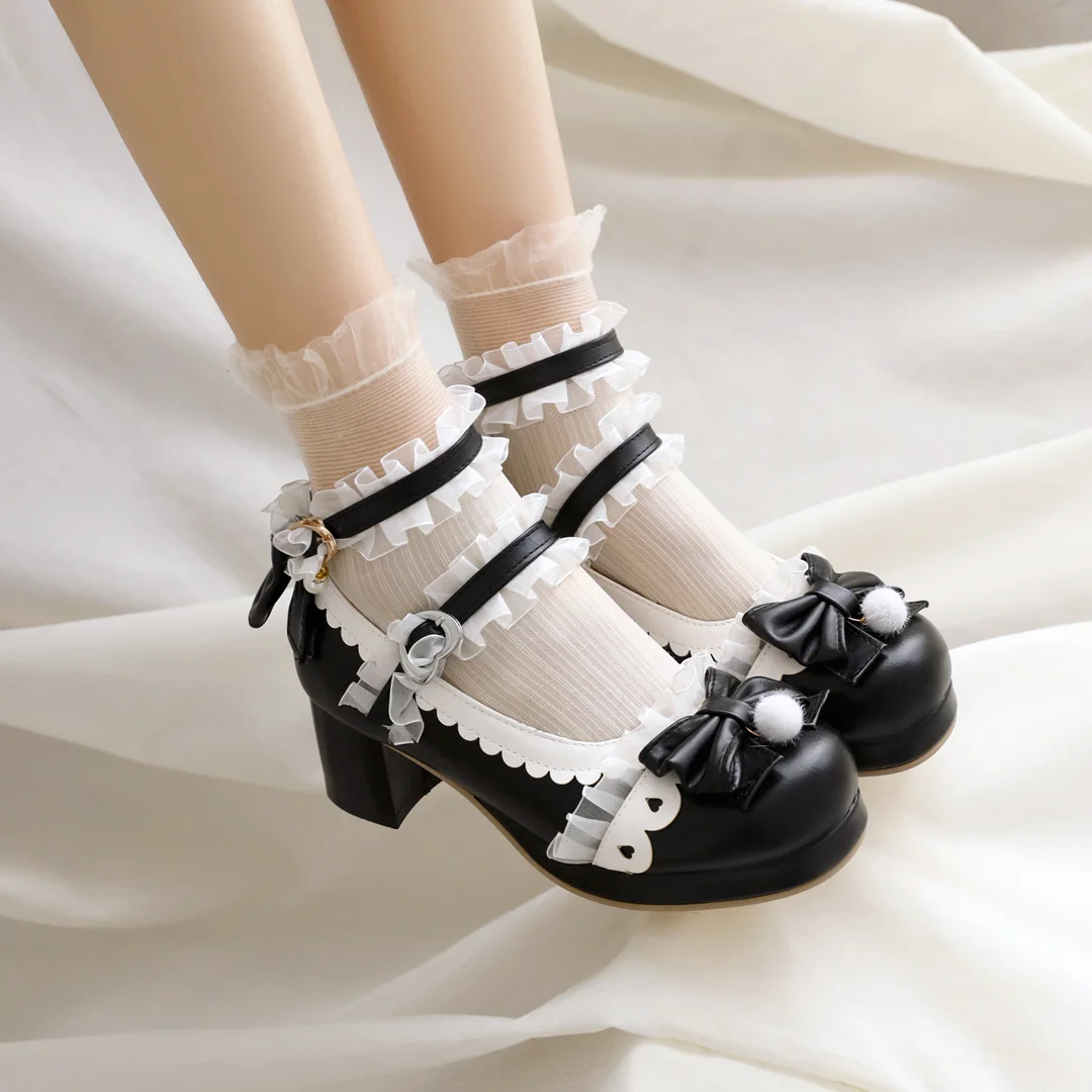 Women's Platform Shoes Buckles Lolita Bowknot Princess Cute Round Toe PU Ycart 