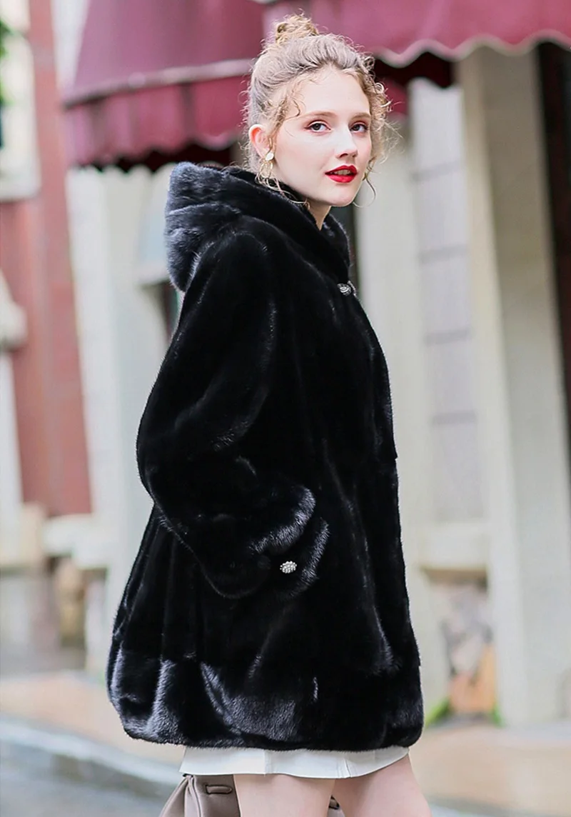 Роскошное пальто из натурального меха норки куртка с капюшоном осенне-зимняя