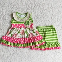 2021 green stripe floral ruffle tunic match shorts set childrens clothing toddler girl clothes wholesale