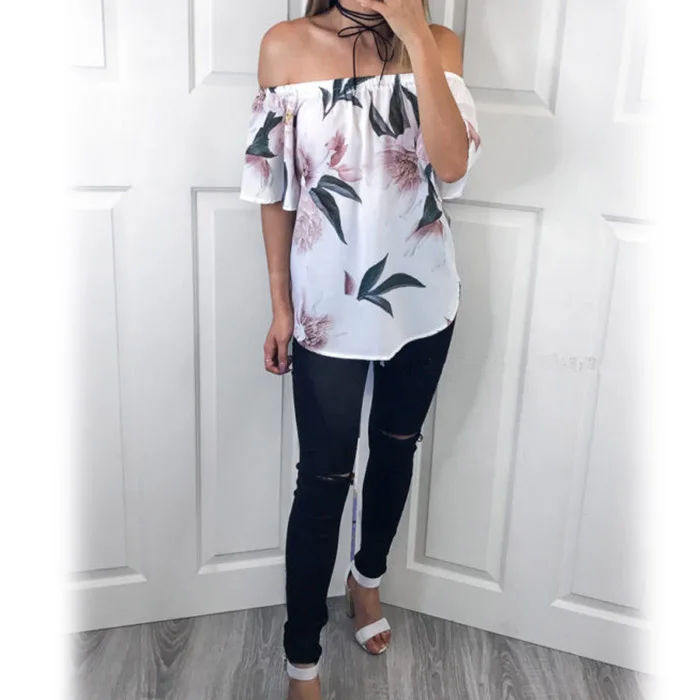 

Pop Summer Women Shirt Off Shoulder Short Sleeve Top Floral Printed Loose Casual Blouse Pop 88