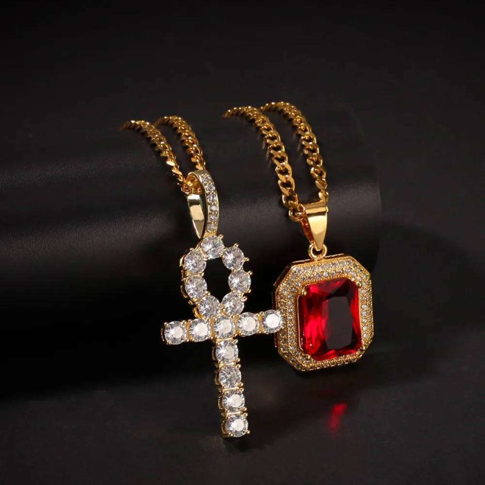 

2pcs/set Men Hip hop iced out bling Ankh Cross with Gem Pendant Necklaces AAA Zircon Pendants Necklace Hiphop Unisex jewelry