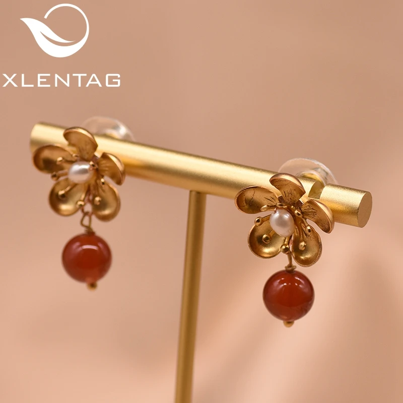 Женские винтажные серьги XlentAg с натуральным жемчугом и красным камнем вечерние