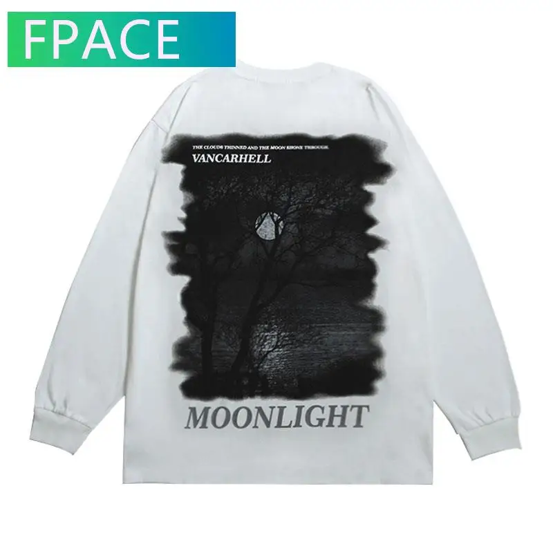 

FPACE Oversized Tshirts Harajuku Moonlight Landscape Print Tees Shirts Streetwear Hip Hop Casual Cotton Long Sleeve Tees Tops