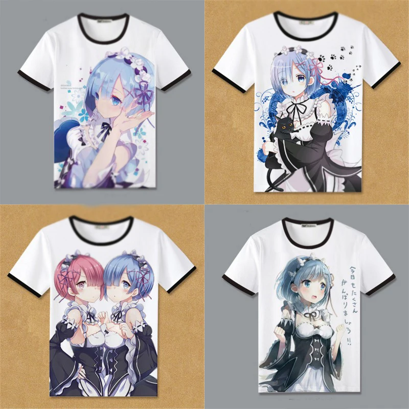 

1 pcs Anime Rem Ram Cartoon Re:Life in A Different World from Zero Short Sleeve T-shirt Cosplay Costume Decor Women Men Gift