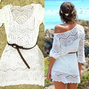 Beach Mini Dress Sexy Lace Hollow Knit Crochet Beach Dress Swimwear Round Neck White Women Dress