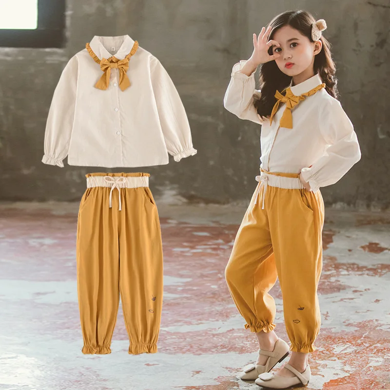 

2020 Spring Autumn Big Girls Clothing Set Children Bowtie Shirt +Loose Pants 2pcs Outfits Kids Retro Fashion Clothes Suit