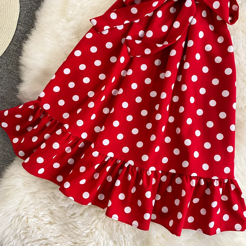 

Sexy Off Shoulder Polka Dot Mini Dress Women Elegant Slash Neck Sashes Ruffle Short Sleeve Casual High Waist Vestido Summer 2021