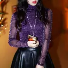 Женская кружевная блузка, весенний топ с высоким воротником, яркая шелковая сетчатая блузка с длинным рукавом