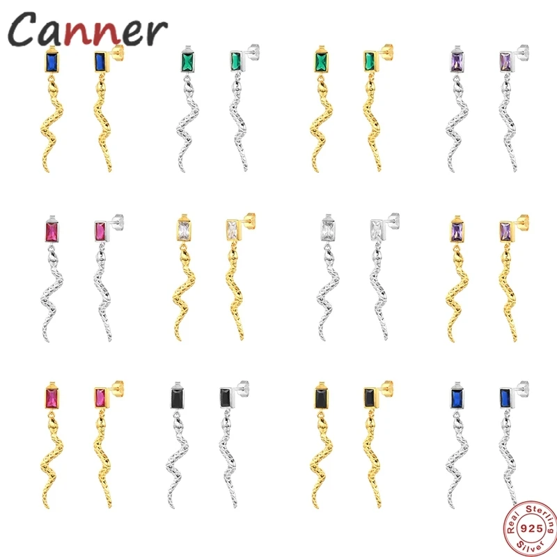 

CANNER 100% 925 Sterling Silver 6 Colors Zircon CZ Snake Animal Stud Earrings Long Piercing Pendientes 2021 Trend Fine Jewelry