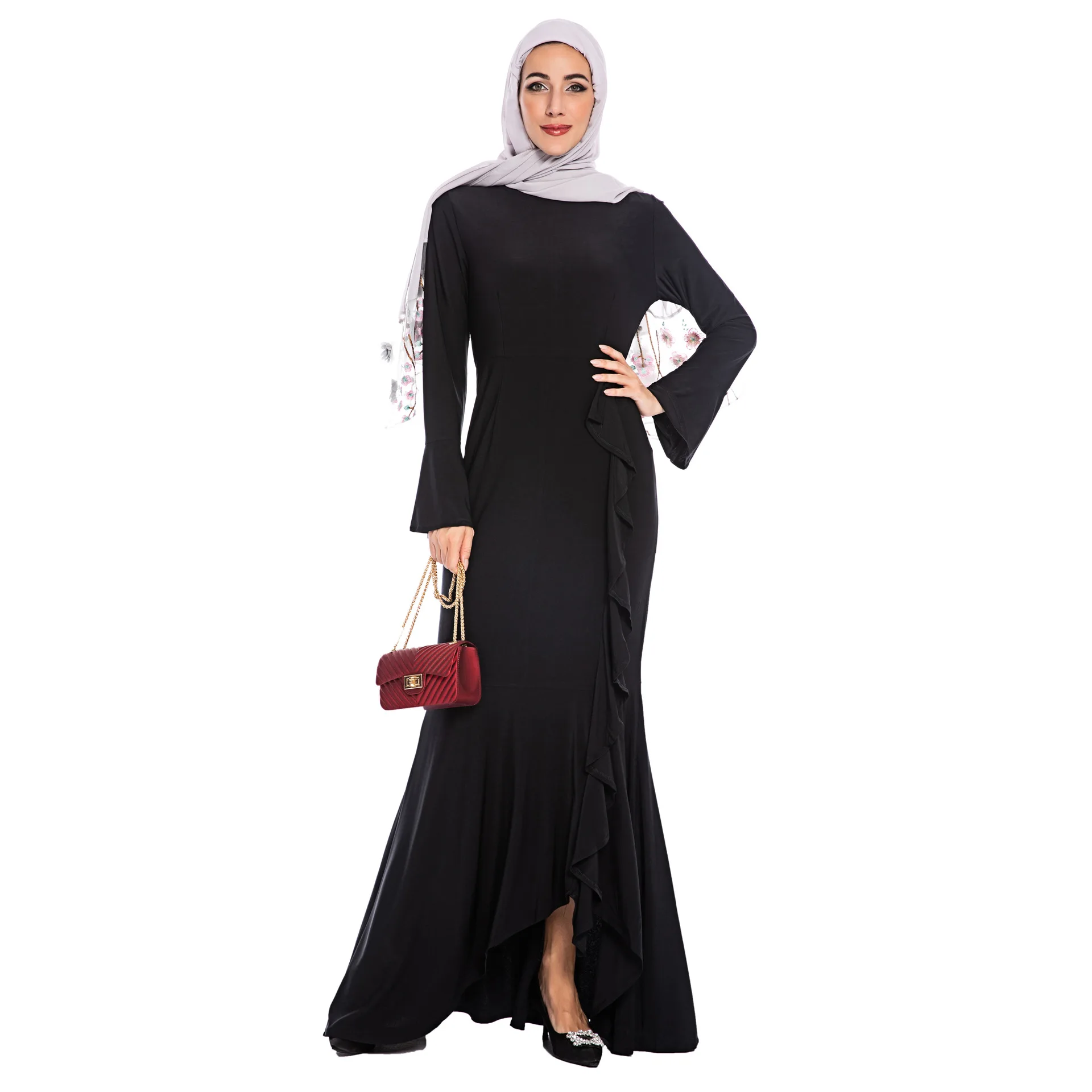 BianFeng Для женщин с оборками в форме рыбьего хвоста мусульманских Абаи хиджаб однотонное детское платье с длинным рукавом, тонкие обтягивающ...