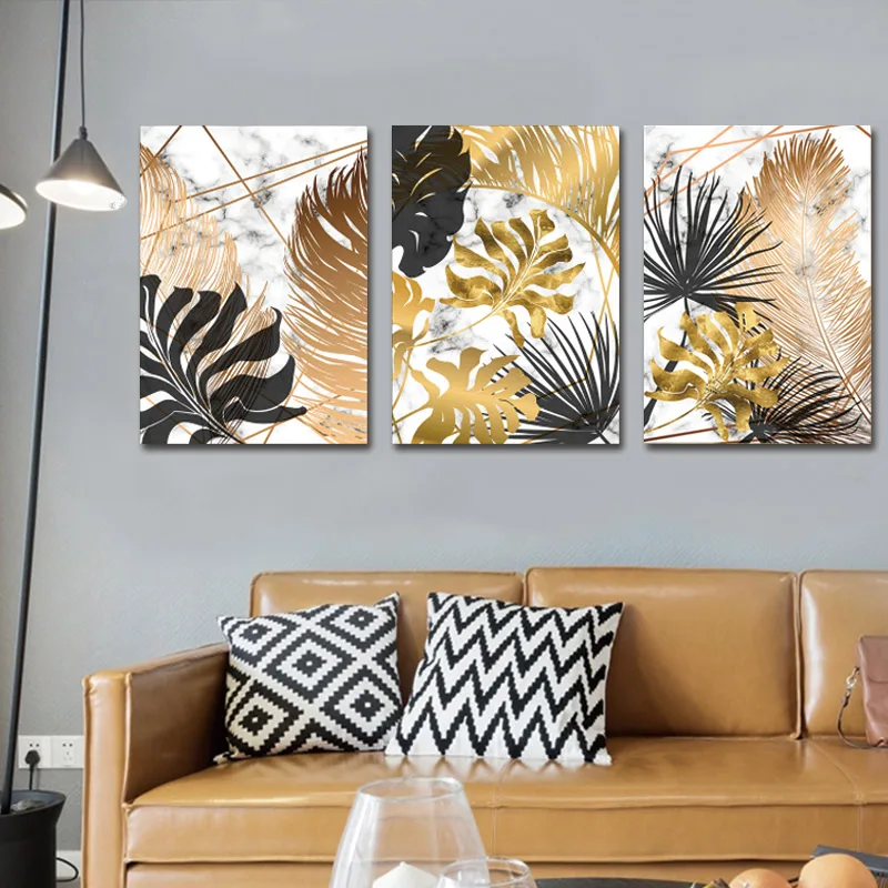 

Nordic Plant Wall Art Poster Gold Leaf Print on Canvas Painting Marble Abstract Wall Pictures For Living Room Kitchen Decoration