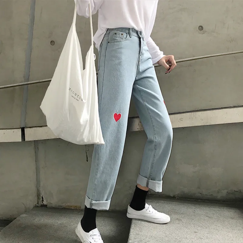 Джинсы женские Ulzzang милые Kawaii Вышивка Уличная Новинка шикарный корейский стиль Высокая талия Свободные простые Универсальные женские брюки s