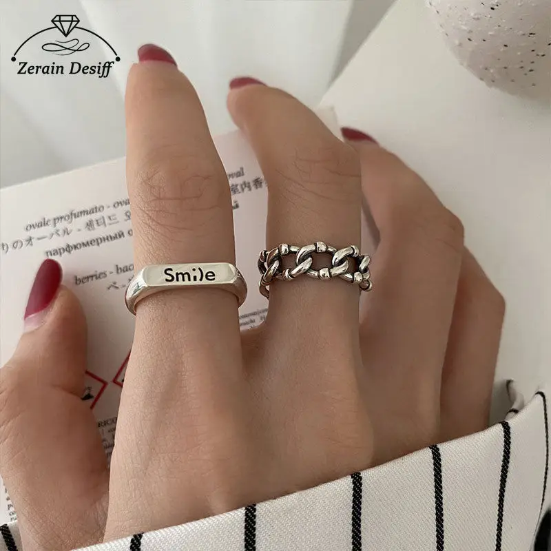 Anillo de plata 925 para mujer, índice con sortija de sonrisa abierta, diseño de nicho con personalidad, conjunto de anillo Simple