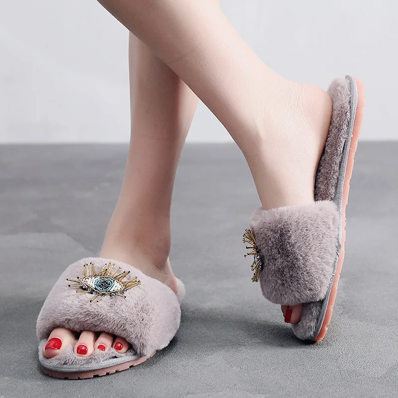

Winter Warm Home Slippers Big Eyes Women Shoes Soft Furry House Slides Woman Luxury Brand Indoor Footwear Flip Flops Slippers