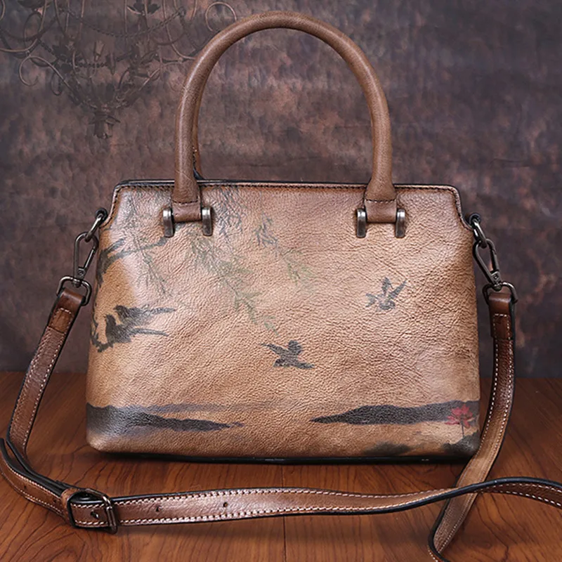 

Женские сумки-мессенджеры на плечо через плечо из воловьей кожи, женские ретро сумки с чернильным пейзажем, Многослойная натуральная кожа, ...