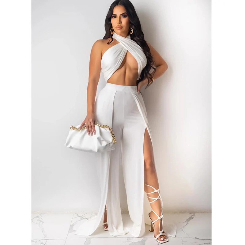 

Kayotuas Women Two Piece Set Sexy Sleeveless 2 Layer Bandage Crop Top Vintage Wide Leg Pants Suit Autumn Party Outfits Clubwear