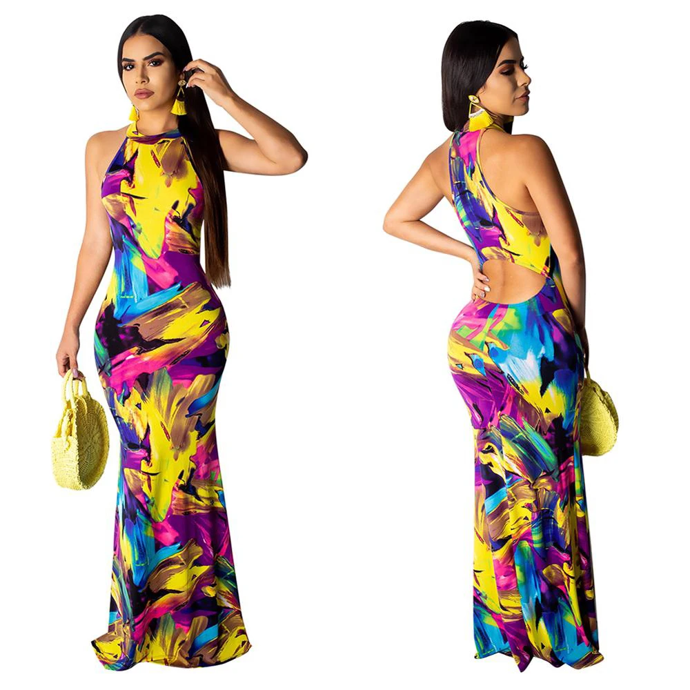 yellow dress Элегантное женское платье с цветочным принтом в стиле бохо, Осеннее банкетное длинное платье, сексуальное открытое вечернее платье с открытой спиной, наряд vestidos - Цвет: yellow dress