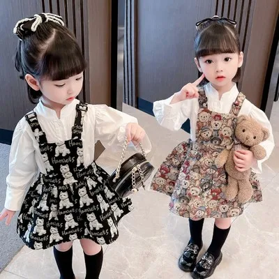 

Костюм-рубашка для девочек, осень 2021, новое корейское мультяшное платье жаккардовая Подвеска для маленьких девочек, костюмы из двух предмет...