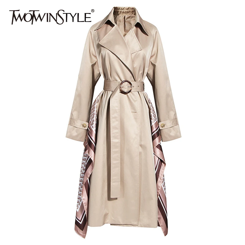 TWOTWINSTYLE Patchwork Ruched Trench Coats Female Lapel Collar Long Sleeve High Waist Sashes Windbreaker Women Clothing New
