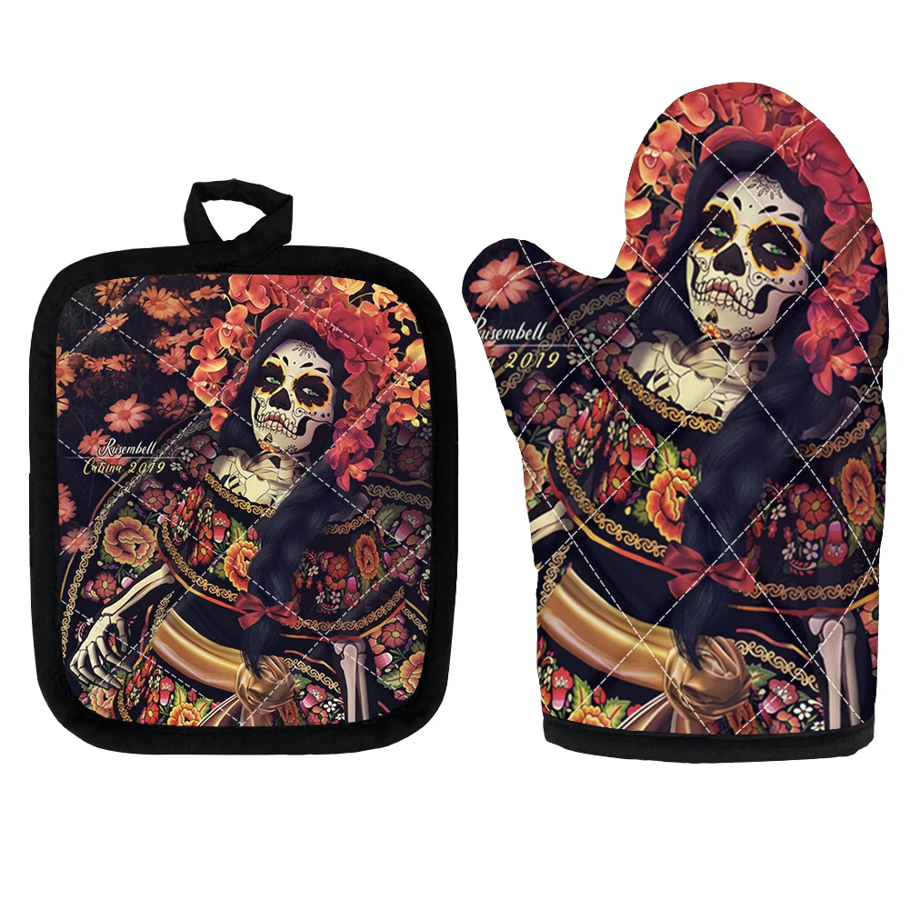 

Gothic Skull Girl Design Non-slip Oven Mitts And Pot Holders Sets Kitchen Oven Gloves Heat Resistant Baking Accessories Mat Pad