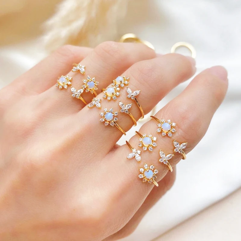 Блестящий опал кольца с подсолнечником бабочка циркониевым кристаллом