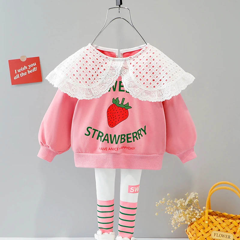 

Baby Girl Clothing Toddler Kids Strawberry Letter Printing Clothes Fashion Lace Collar T-Shirt And Stripe Leggings Suits