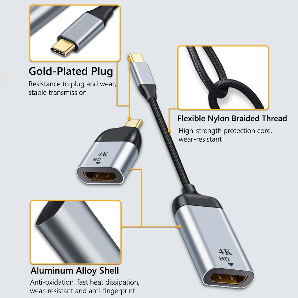 Переходник для видеокабеля с разъемом Type-C на HDMI алюминиевый сплав