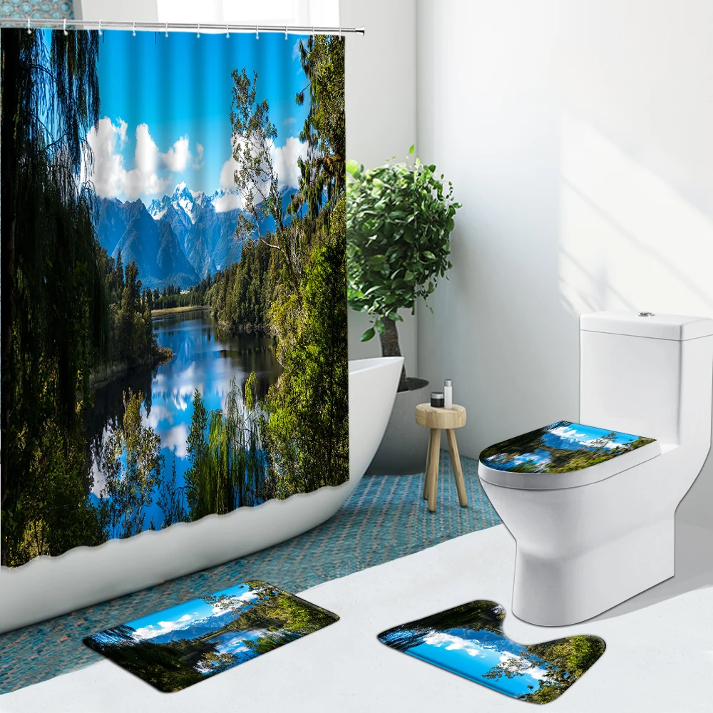 Занавеска для душа с изображением природного леса горного водопада Нескользящие