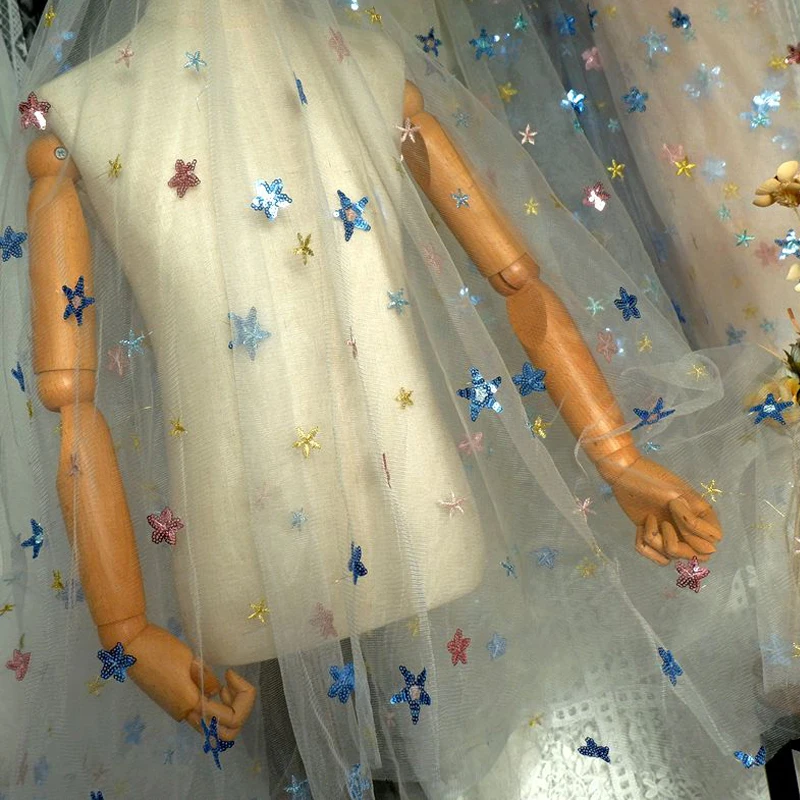 2 метра черно-белая сетчатая кружевная ткань со звездами и блестками одежда из