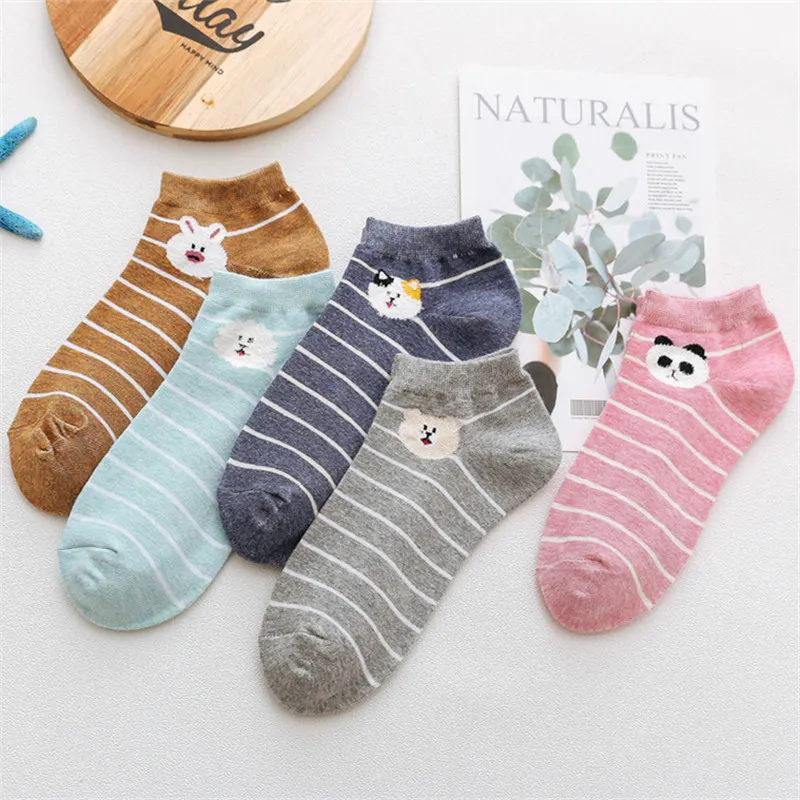 19-5Pairs 5 пар, женские хлопковые носки с рисунками животных, розовые милые короткие носки с котом, короткие носки, повседневные носки с ушками животных и красными сердечками для девочек, Размеры 35-40 - Цвет: 19-5Pairs