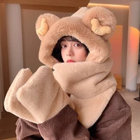 cute female bear hat scarf integrated ear protection warm scarf winter riding windproof gloves plush three piece suit bonnets