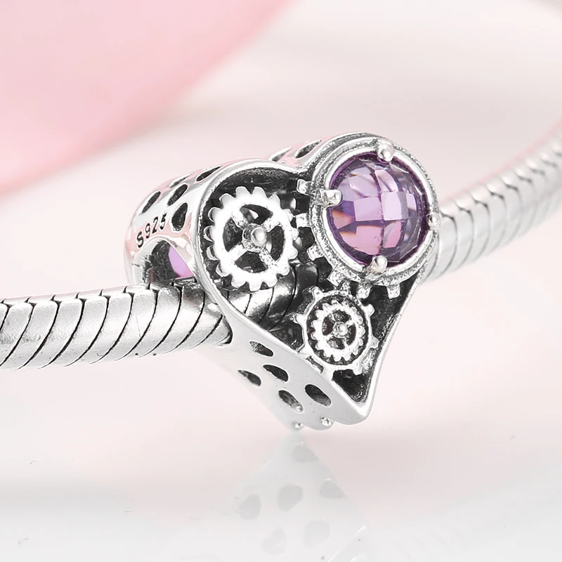Вращающаяся Шестерня в форме сердца розовый CZ подвески бусины серебро подходит