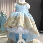 Небесно-голубой пятно платья на день рождения для девочек вечерние пышные Золотой аппликация кружевом, детские платья на день рождения для девочки Пышное Платье с бантом для девочек