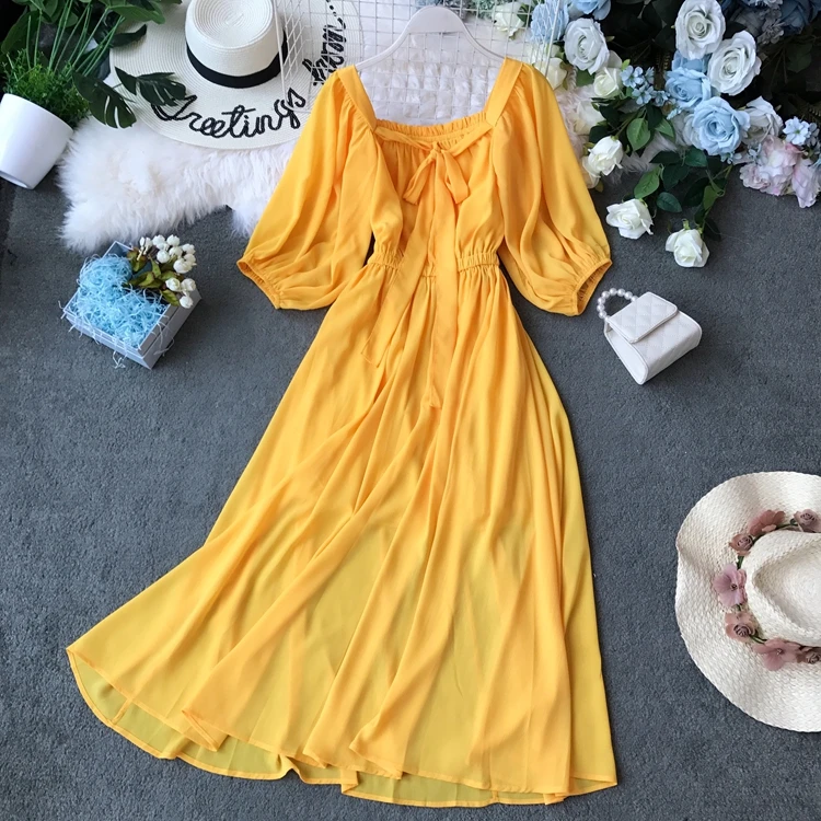 Женское шифоновое платье с вырезом лодочкой однотонное модное пляжное трапеция