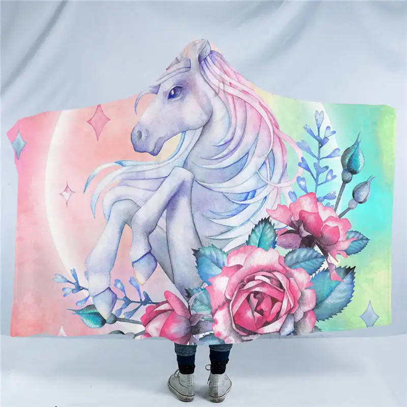 Unicorn3 Постельные принадлежности Outlet мультфильм Единорог микрофибра с капюшоном одеяло для детей взрослых девочек цветочный Шерпа флис носимых черный одеяло 150x200 - Цвет: Unicorn3