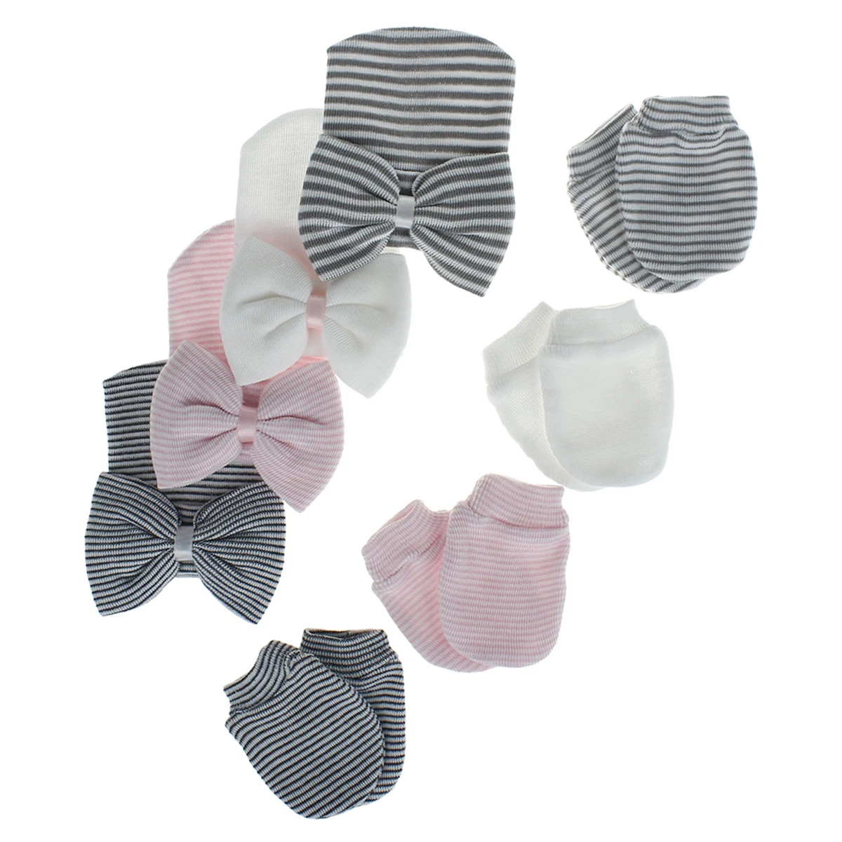 

New Winter Autumn Newborn Infant Hat Gloves Set Baby Boys Girls Sweet Style Bow Striped/Solid Color Warm Cap Knitted Gloves Kit