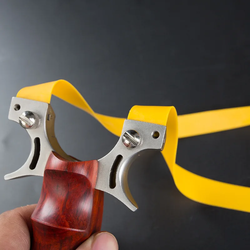

Outdoor Hunting Shooting Wooden Handle Stainless Steel Power Slingshot with Titanium Sight Flat Rubber Band