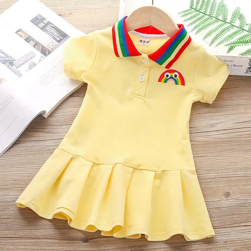 Summer Princess Dress Girl Cute Cartoon Rainbow Stripe Polo-neck Childrens Pleated Cheerleader Sports Casual Dresses | Детская одежда и