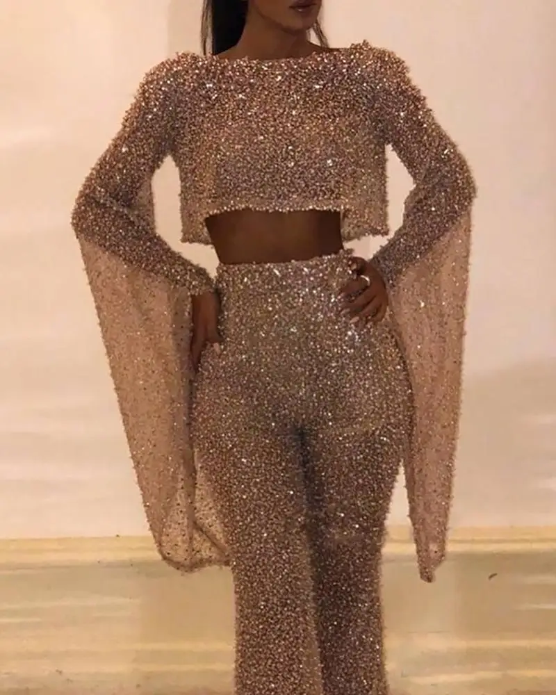 Сексуальный блестящий женский комбинезон с блестками вырезами на талии рукавами