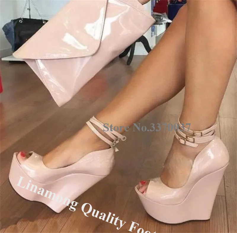 

Linamong Sexy Women Peep Toe Patent Leather High Platform Wedges Pumps Nude Black Super High Wedge Heels Formal Dress Shoes