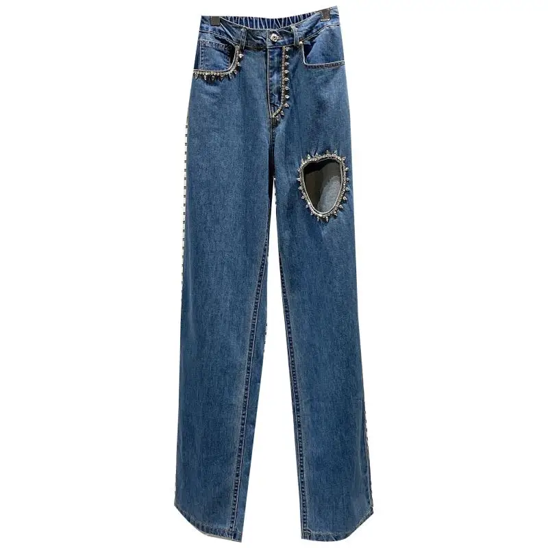 

2021 Summer New Fashionable Hollowed Heart Shape Rhinestone Edge Elastic-Waist Straight-Leg Pants Jeans Tide