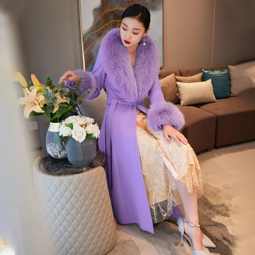 

Elegant Slim Fit 2022 Women lilac woolen Coat Cashmere female Wool Jacket With Fox Fur Collar And Cuff