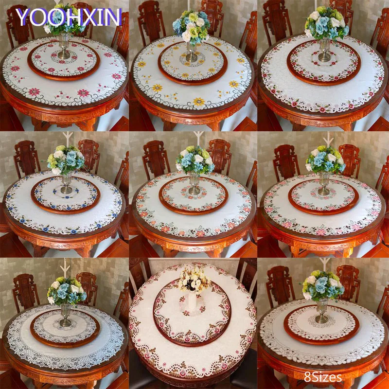 

9pattern 8sizes Elegant lace satin round Tablecloth embroidery dining Table Cover cloth kitchen Christmas party Wedding decor