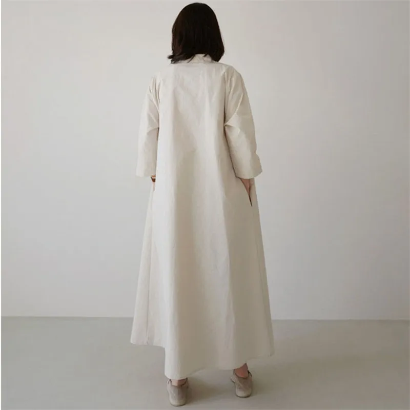 

Johnature New Solid Color Turn-down Collar Loose Women Shirt Dresses 2021 Autumn Korean Three Quarter Sleeve Pockets Dress
