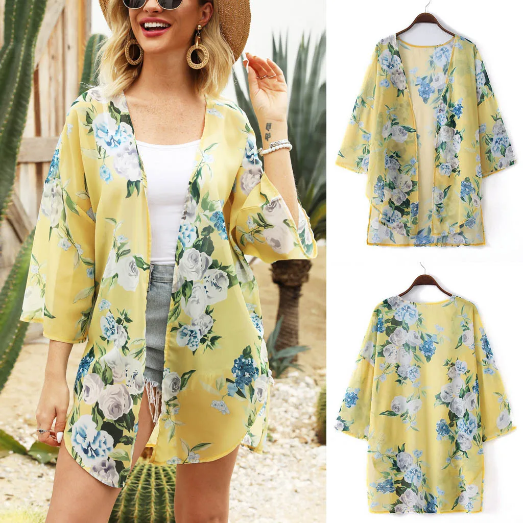 Летнее женское шифоновое пляжное кимоно с цветочным принтом кардиган блузка