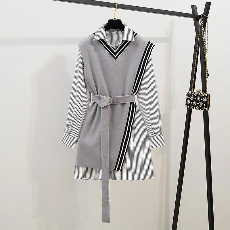 Streetwear Two Piece Dress Women Autumn Winter long Sleeve Shirt Mini Dresses with belt plus size elegant party Dress vestidos