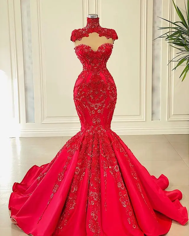 

Sparkly Red Mermaid Evening Dresses 2022 Lace Applique Beaded Pearls Aso Ebi African Arabic Sweetheart Prom Gown Abendkleider