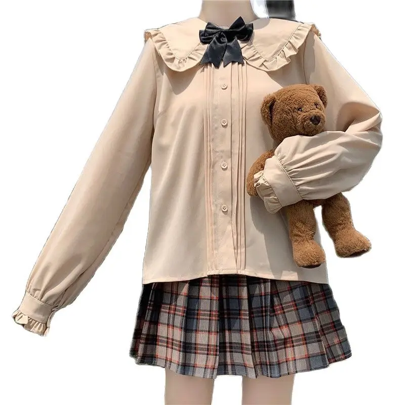 

Harajuku Kawaii Oversized Peter Pan Collar Blouses Shirts for Women Korean Fashion Lolita Style Long Sleeve White Khaki Tops