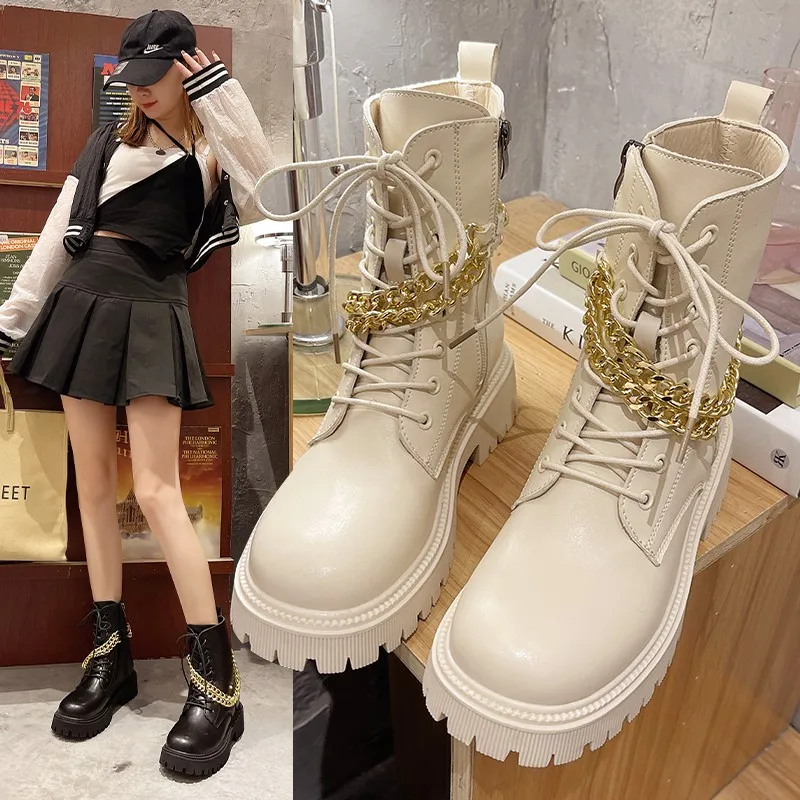 

Strap Boots Women's 2021 New Autumn And Winter British Style Handsome Martin Boots Thick Gold Chain Thick Heel Boots.